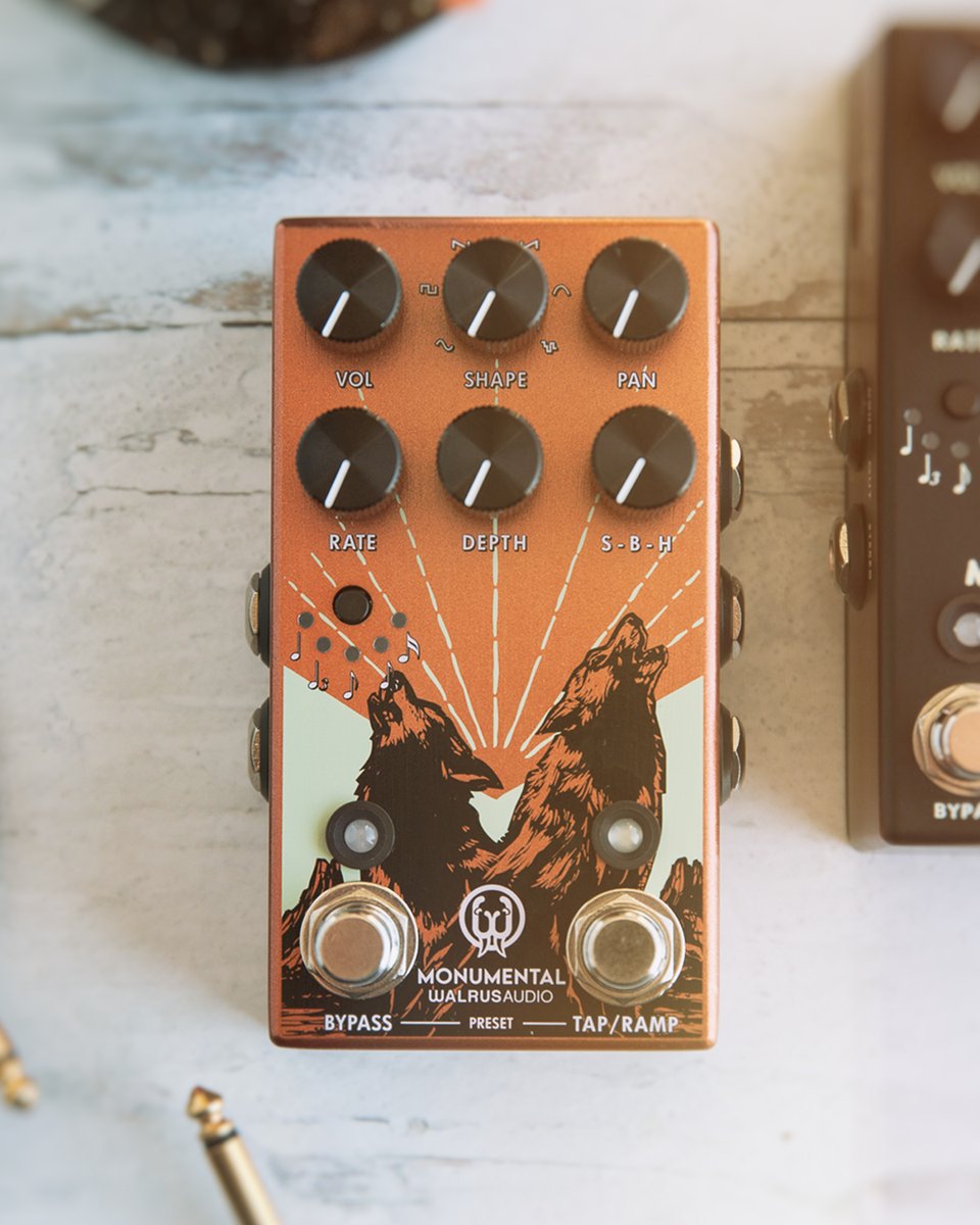 New pedal day! We've given the Monument tremolo a glow up & are excited to add the Monumental Harmonic Stereo Tremolo to our lineup! The optical tremolo now has stereo in/out & a wealth of other new features. Available now at walrus dealers everywhere & walrusaudio.com 🏜️