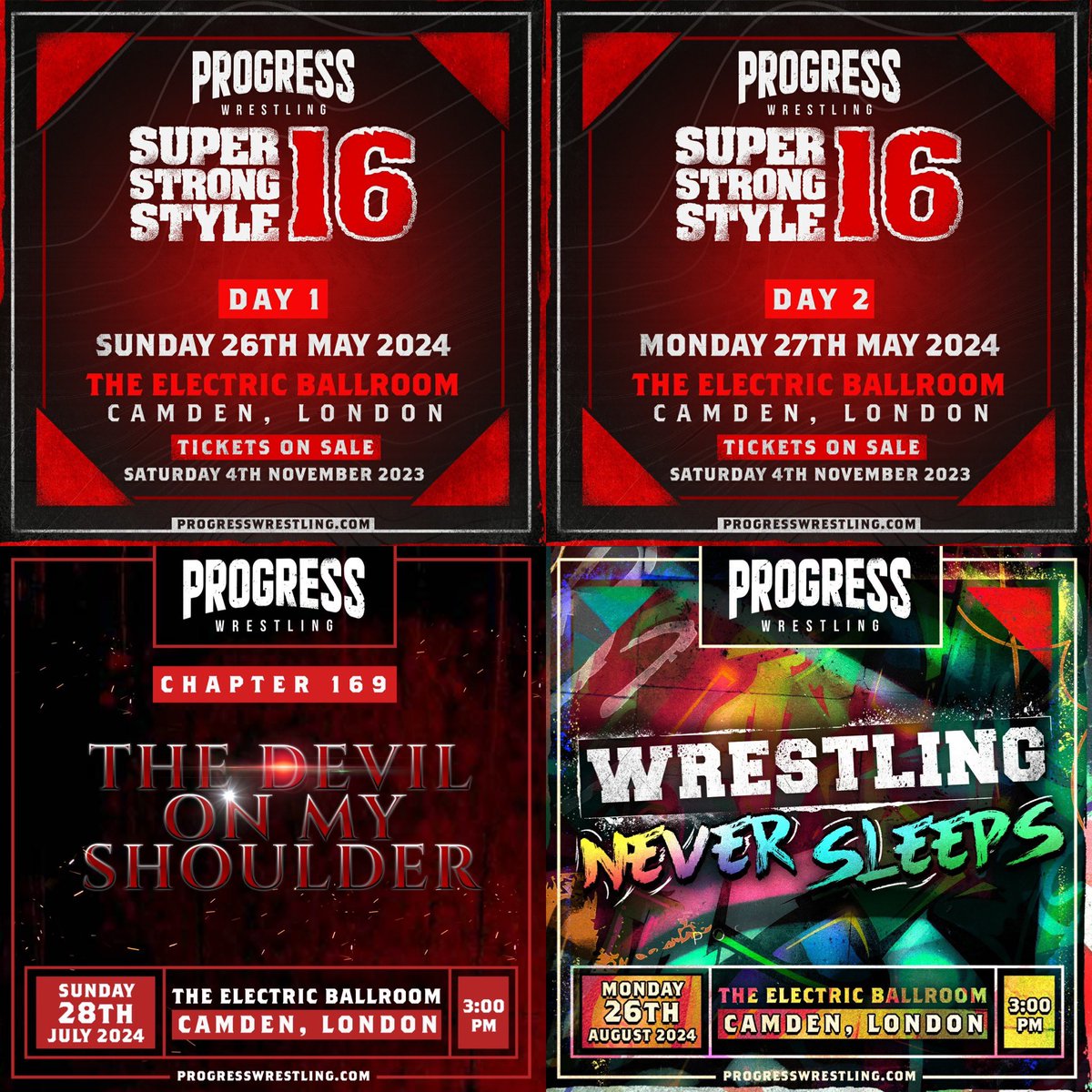 🚨 UPCOMING EVENTS 💪 Super Strong Style 16 - 26 & 27th May. Weekender & Day 1 & 2 FRONT ROW tickets have SOLD OUT! 👹 The Devil On My Shoulder - Front Row close to selling out! 👊 Wrestling Never Sleeps - FRONT ROW SOLD OUT! 🎟️ Progresswrestling.com/tickets