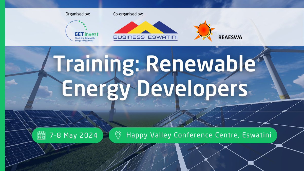 Are you a #RenewableEnergy project developer in #Eswatini seeking support to access funding? 🇸🇿 @GET_invest Eswatini is organising a capacity development session to broaden the understanding of project financing. More info & registration ➡️ get-invest.eu/events/trainin…