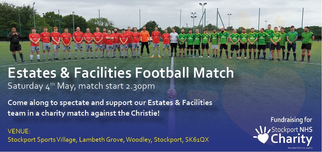 Come down to @SSVStockport on Saturday 4th May to support our E&F Football Team at the annual E&F Charity Football Match against @TheChristieNHS ⚽️ Kick off is at 14:30 - see you there ⭐️ @StockportNHS
