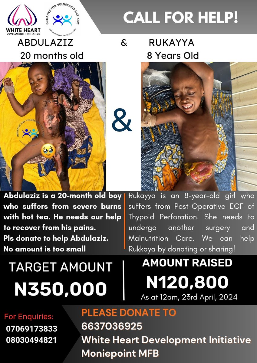 IVSickK's tweet photo. #HelpSaveAbdulaziz&amp;Rukayya

Your ₦500, ₦1,000 or more can have a significant effect on the recovery of Abdulaziz and Rukayya.

Pls help Donate or share. 

₦120,800 Raised
₦229,200 Left
Every donation counts 🙏🏽 https://t.co/2yHgByiRA1