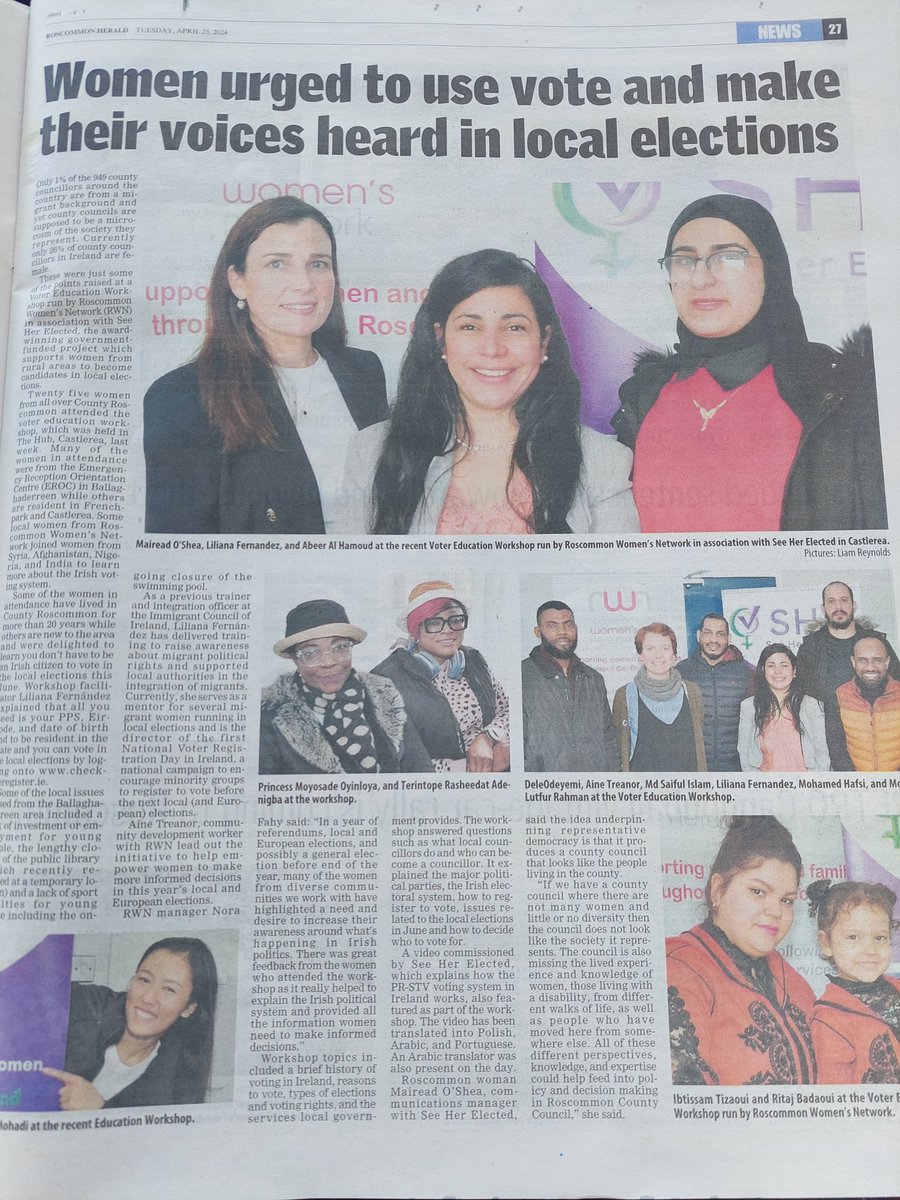 Thanks to @RoscommonHerald for great coverage in today's paper on our recent Voter Education Workshop with @RWN_Roscommon Remember Use Your Vote for #LocalElections24 Register checktheregister.ie You don't need to be an Irish citizen to vote in local elections @LWLLongford