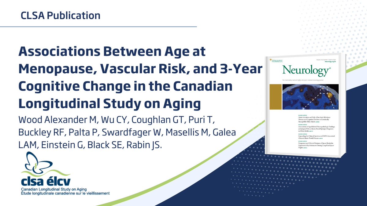 Canadian Longitudinal Study on Aging (CLSA) (@clsa_elcv) on Twitter photo CLSAFindings💡: Associations Between Age at Menopause, Vascular Risk, and 3-Year Cognitive Change in the Canadian Longitudinal Study on Aging
cc: <a href="/madeline__wood/">Madeline Wood Alexander</a> <a href="/tanvipuri_/">Tanvi Puri</a> <a href="/LiisaGalea/">Dr. Liisa Galea</a> <a href="/jsrabin1/">Jennifer Rabin, PhD</a>
<a href="/Sunnybrook/">Sunnybrook Health Sciences Centre</a> <a href="/UofT/">University of Toronto</a> <a href="/harvardmed/">Harvard Medical School</a> <a href="/rotmanresearch/">Rotman Research</a>
🔗: ow.ly/AJOW50Rltno CLSAFindings💡: Associations Between Age at Menopause, Vascular Risk, and 3-Year Cognitive Change in the Canadian Longitudinal Study on Aging
cc: <a href="/madeline__wood/">Madeline Wood Alexander</a> <a href="/tanvipuri_/">Tanvi Puri</a> <a href="/LiisaGalea/">Dr. Liisa Galea</a> <a href="/jsrabin1/">Jennifer Rabin, PhD</a>
<a href="/Sunnybrook/">Sunnybrook Health Sciences Centre</a> <a href="/UofT/">University of Toronto</a> <a href="/harvardmed/">Harvard Medical School</a> <a href="/rotmanresearch/">Rotman Research</a>
🔗: ow.ly/AJOW50Rltno