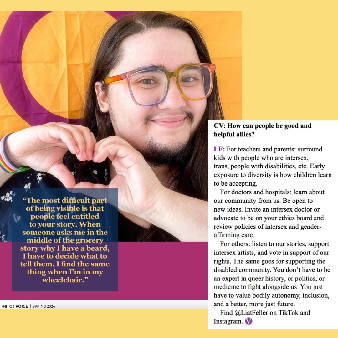 Congratulations to intersex Youth Advocate @liatfeller, featured in @ctvoicemag! 'Meet Liat Feller, 24, of Stamford. You'll be glad you did here's a lot to appreciate, and they own it all proudly.' #IntersexAwareness  Check it out: ow.ly/BnLl50Rlz5V