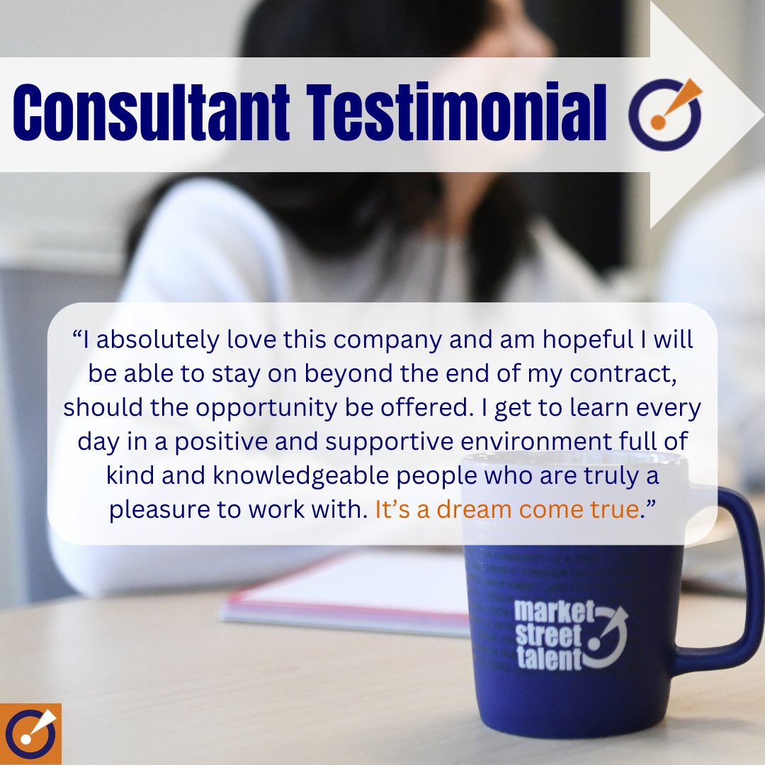 📢Testimonial Tuesday! 📢
 Interested in why you should consider working with Market Street Talent?  Let one of our consultants tell you why and let us help make your career dreams come true!
#MSTgetsIT #Techjobs #happyemployees
Apply: marketstreettalent.com/jobs