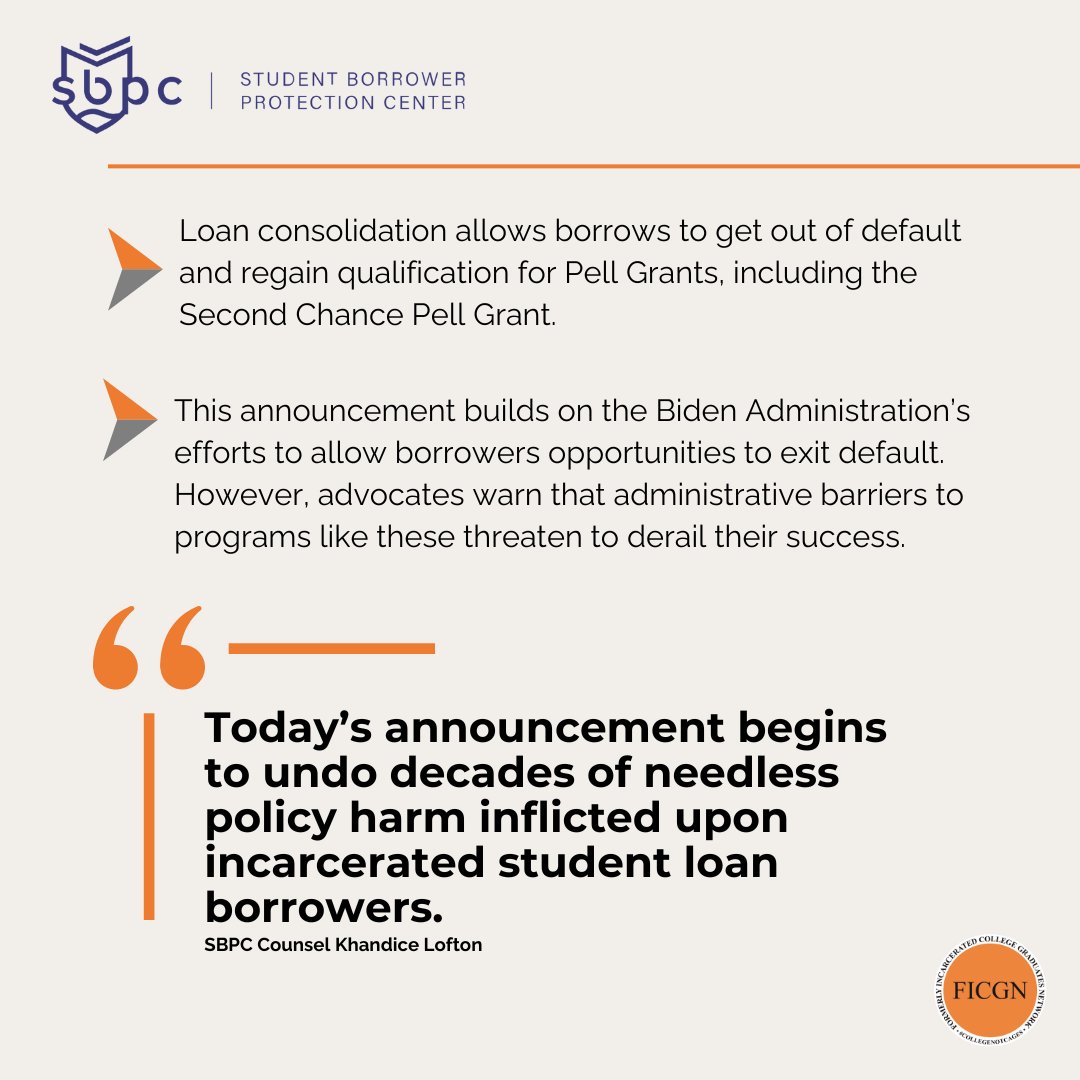On April 16th, the Biden Administration announced revised guidance that will allow incarcerated student loan borrowers to consolidate their student loans. FICGN will release a Q&A on this in the coming days. Read the SBPC press release here: ow.ly/c3iy50RlE5i