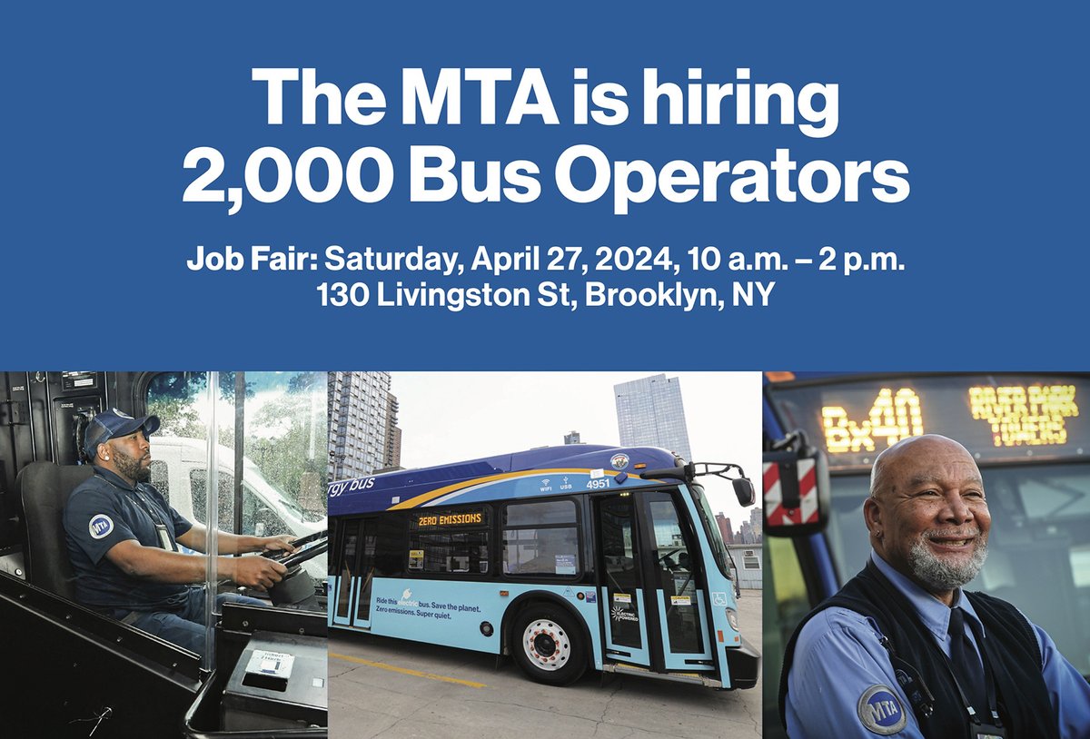 This weekend, we're hosting a bus operator job fair 🚌

Join us on Saturday, April 27 from 10am - 2pm at 130 Livingston St, Brooklyn, NY.

Learn more about the event and what documents you should bring: new.mta.info/article/mta-bu…