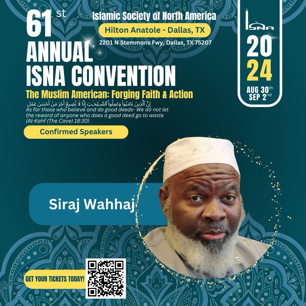 Siraj Wahhaj is a confirmed speaker for ISNA's 61st Annual Convention in Dallas, TX this year!

Get your tickets at isna.net/convention/

#ISNA61 #ISNAconvention #dallas