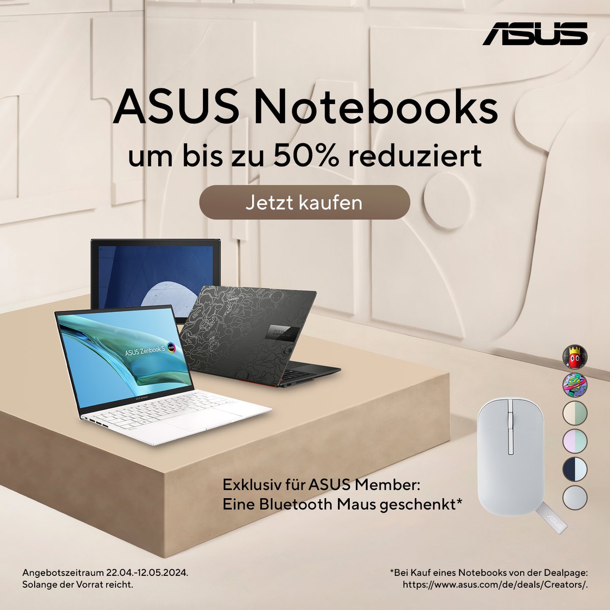 Aufgepasst!🙌 Hier kommst Du zur Aktion: de.asus.click/C9O7Qa

Vom 22. April bis zum 12. Mai gibt es in unserem Online-Shop bis zu 50% Rabatt auf Notebooks.💻 Sichere Dir jetzt das Vivobook S 15 OLED in der Bape Edition oder das Vivobook Pro 15 OLED mit dem #ASUS DialPad!🌟