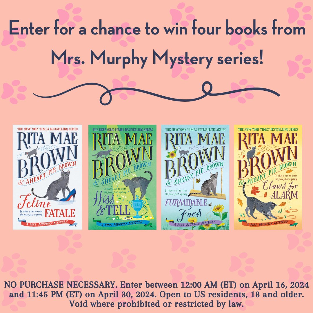 There's still time to enter! We are offering 5 lucky readers a chance to win a bundle of the last 4 books in the Mrs. Murphy Mystery series. sites.prh.com/rita-mae-brown…