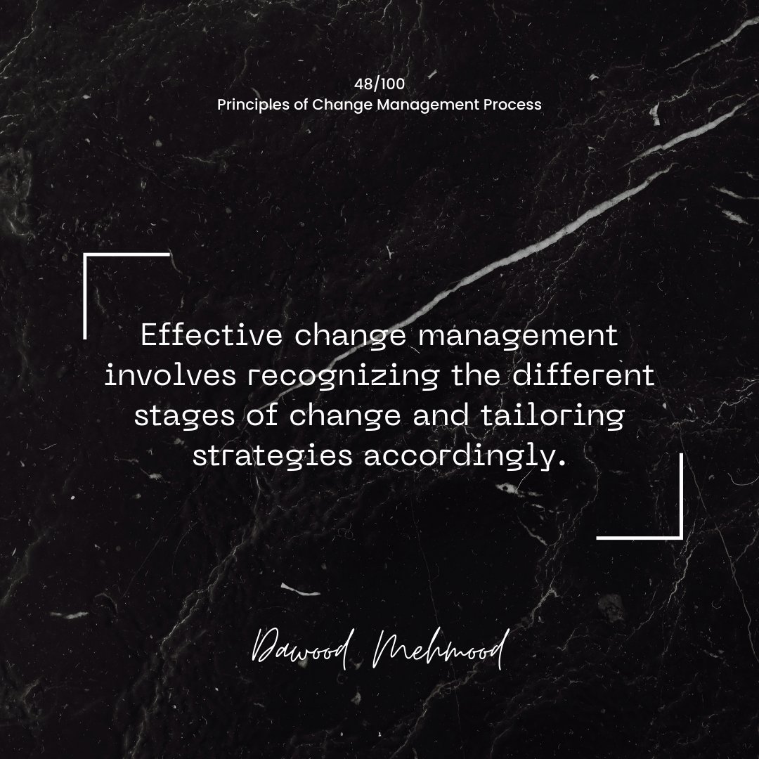 Effective change management involves recognizing the different stages of change and tailoring strategies accordingly.

#ChangeManagement #OrganizationalChange #ChangeProcess #ChangeLeadership #TransformationManagement #Adaptability #ChangeStrategy