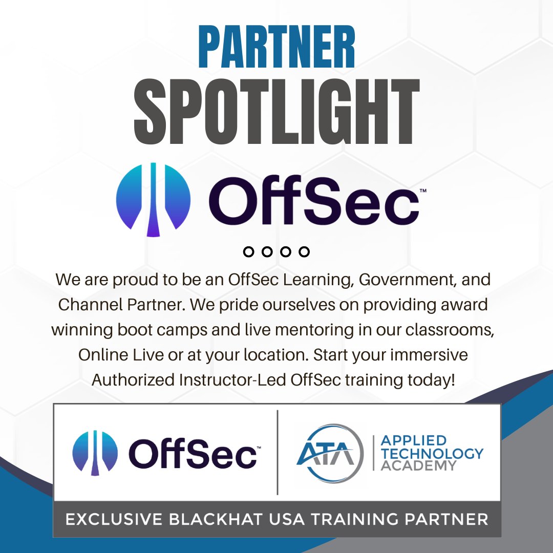 ATA would like to Spotlight @offsectraining as one of our top Partners. Together we deliver the education, mentoring, and hands on-experience to master the OffSec certifications to individuals, government agencies, and institutions. #Partner #Success #DreamTeam #ThankYou