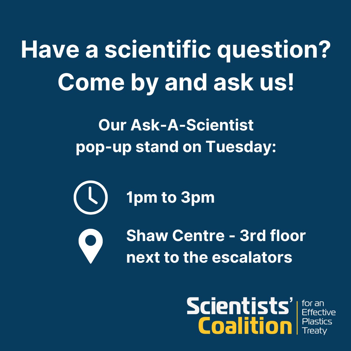 🙋🏽 Are you at INC-4 and have a scientific question? Come ask us in person! We will be hosting an Ask-A-Scientist pop-up stand each day! 👋 On Tuesday, our scientists will be available on the 3rd floor of the Shaw Centre near the escalators during the lunch break from 1pm to 3pm.