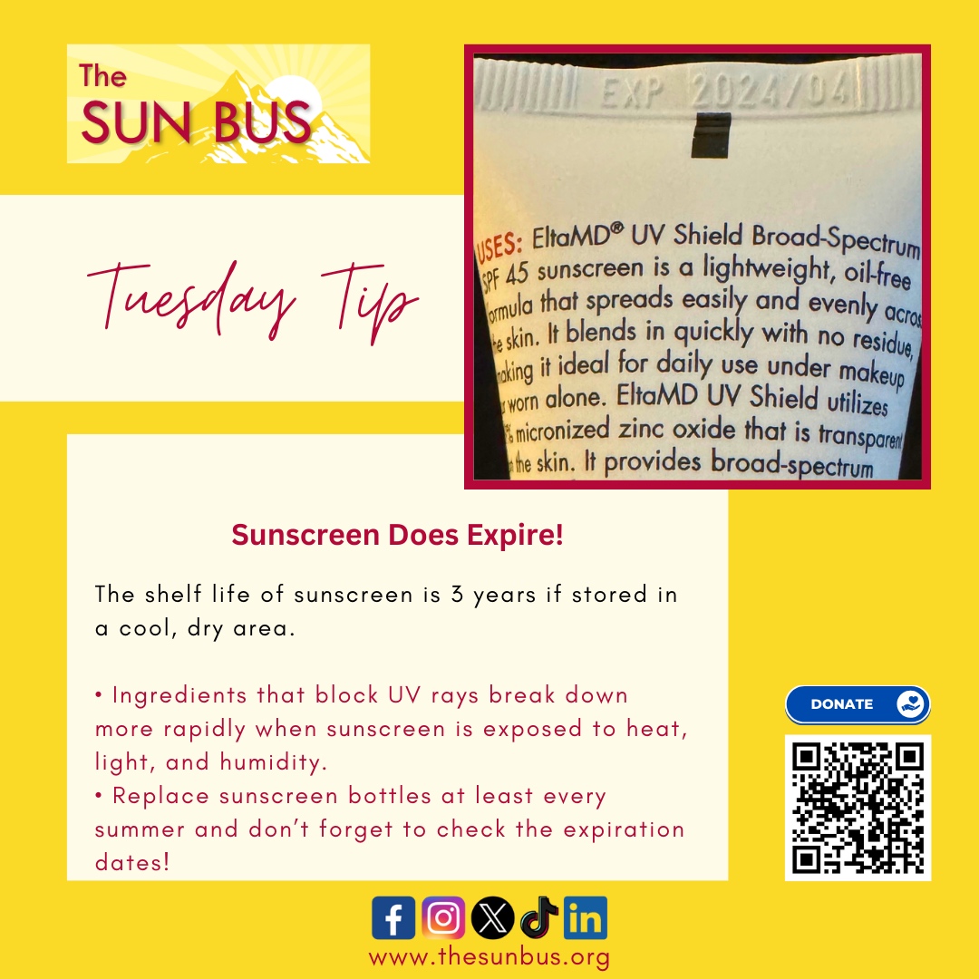 ☀️Tuesday Tip: Sunscreen doesn't last forever! ⏰ Replace your sunscreen bottles 🧴 every summer and check those expiration dates regularly. Fresh sunscreen means better protection for your skin! #SunscreenTips #SkinProtection #TuesdayTip #TheSunBus #SkincareTip