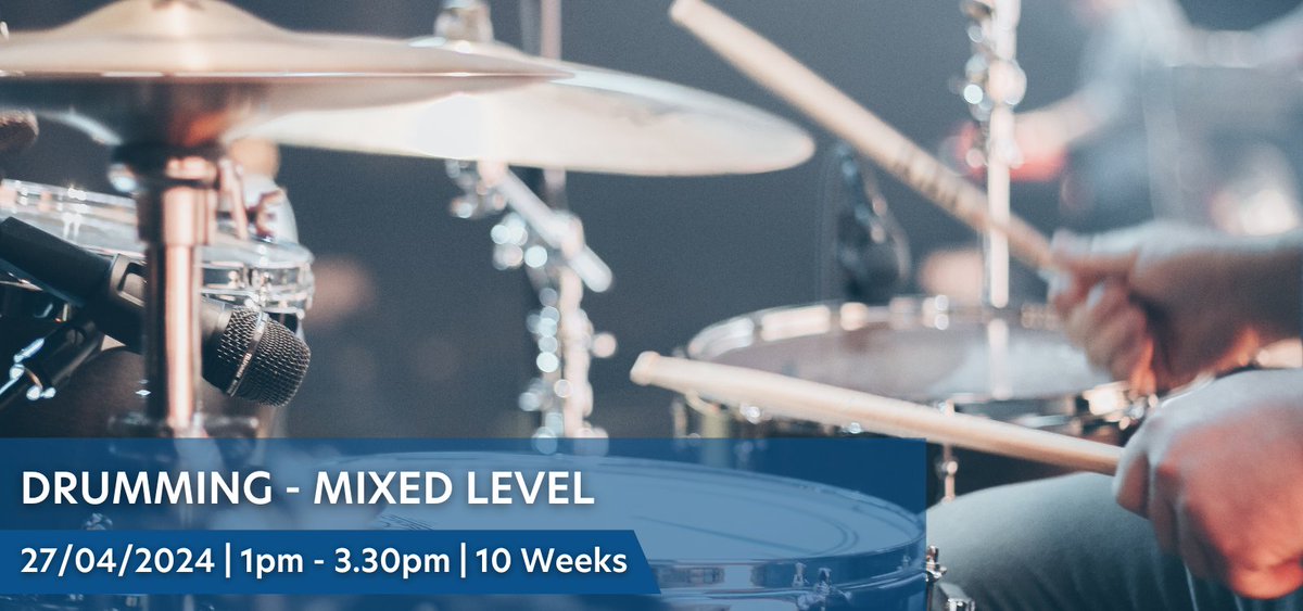 Join us for our 10 week drumming course, gain a solid foundation in drum kit performance and enjoy playing different beats in a relaxed, friendly environment 🪘 27/04/2024 | 1pm - 3.30pm | Try something new 📲 bit.ly/3LjYdn3 #inspiringlearning #drumming #joinus