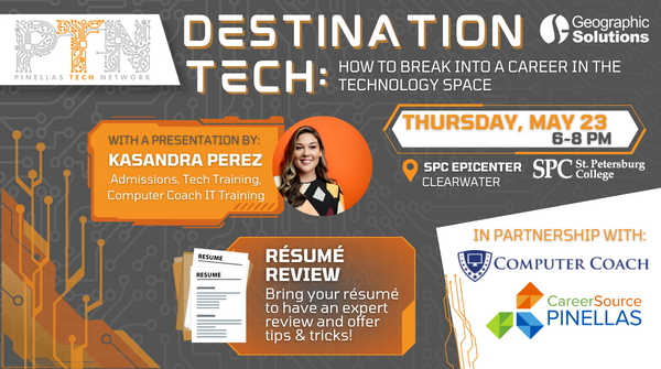 🌟 Join us at the next Pinellas Tech Network Meetup on Thursday, May 23rd from 6-8 PM at the SPC Epicenter in Clearwater, FL

Register Here: bit.ly/3UpeBYd

@ComputerCoach
 @CSPinellas
@spcnews 

#CareerDevelopment #TechNetworking #ResumeReview #ProfessionalGrowth