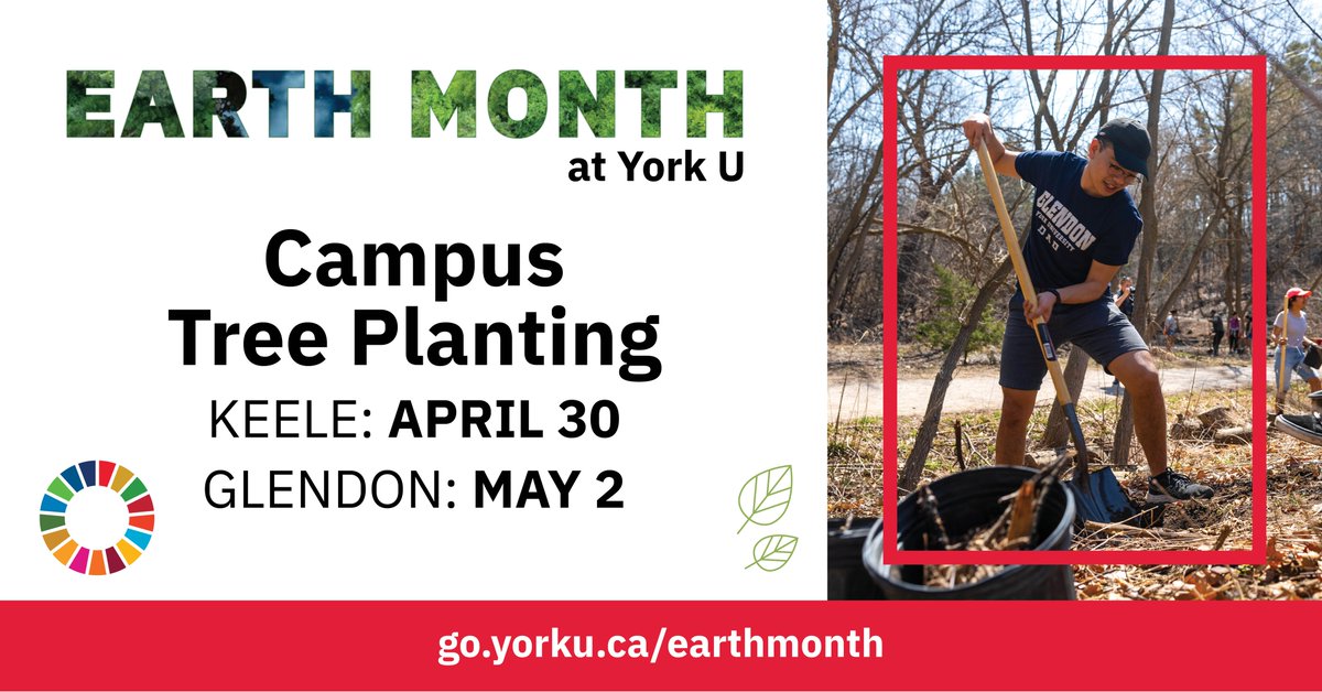 You're invited to participate in York's Campus Tree Planting events; Keele (April 30) and Glendon (May 2). Support in creating a greener campus and restoring ecosystems to help mitigate climate change. Learn more: bit.ly/3McMrw6 │#EarthMonth 🌳