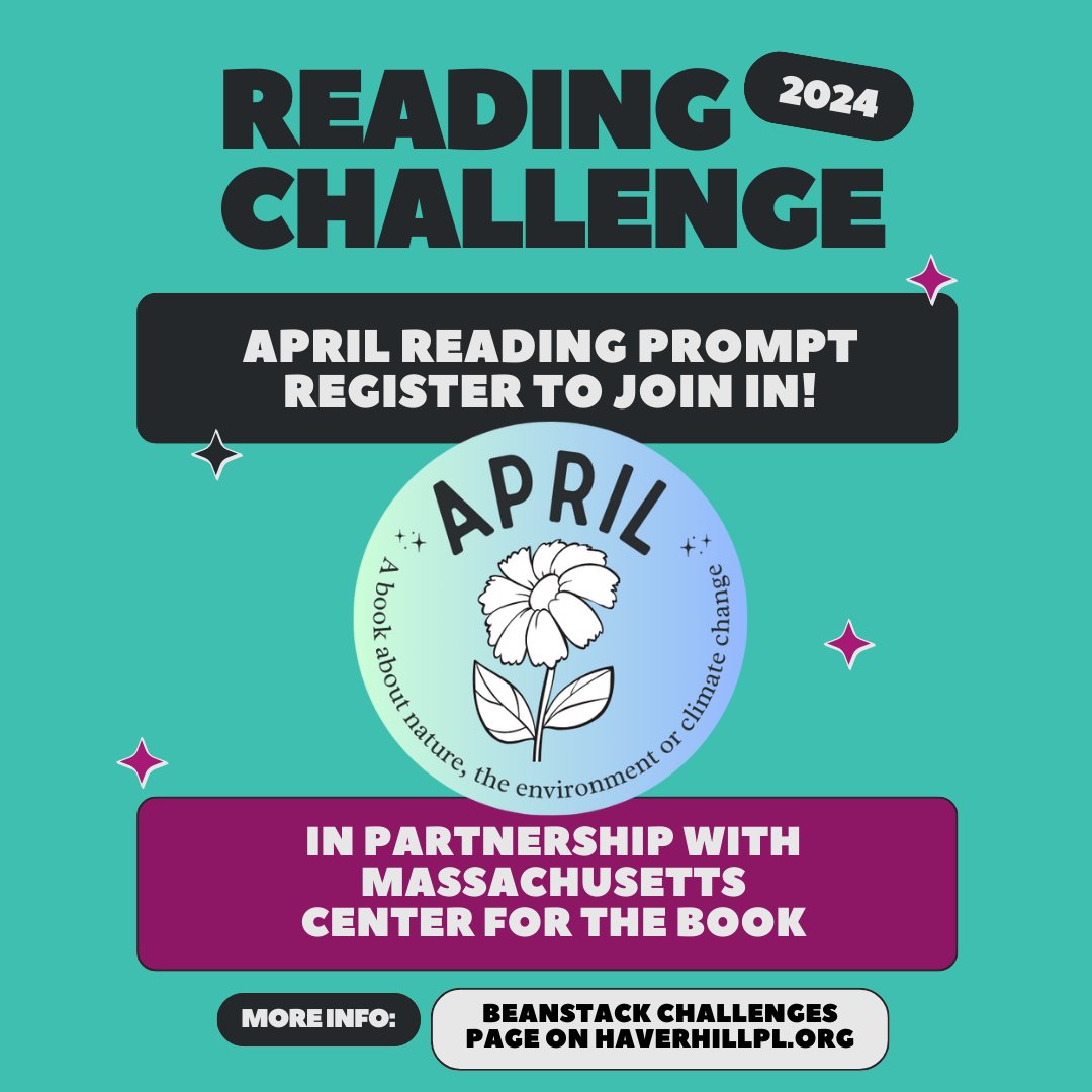 There's still time to earn this month's badge in the @MassBook 2024 Reading Challenge on Beanstack! Read a book about nature, the environment, or climate change to earn the badge. Get started at bit.ly/3pM3PJU! #HPLLibrary #HaverhillMA