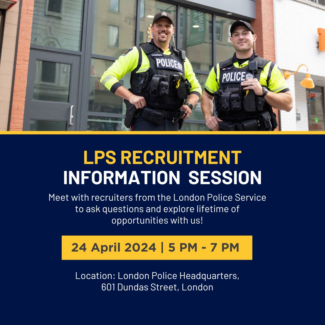 Interested in an exciting career with the LPS?👮 Drop by our Recruitment Information Session on Wednesday, April 24, 2024, between 5 pm and 7 pm. Chat with frontline officers and recruiters to learn about our application process. 👉 bit.ly/2MY9jT9 #LdnOnt #Careers