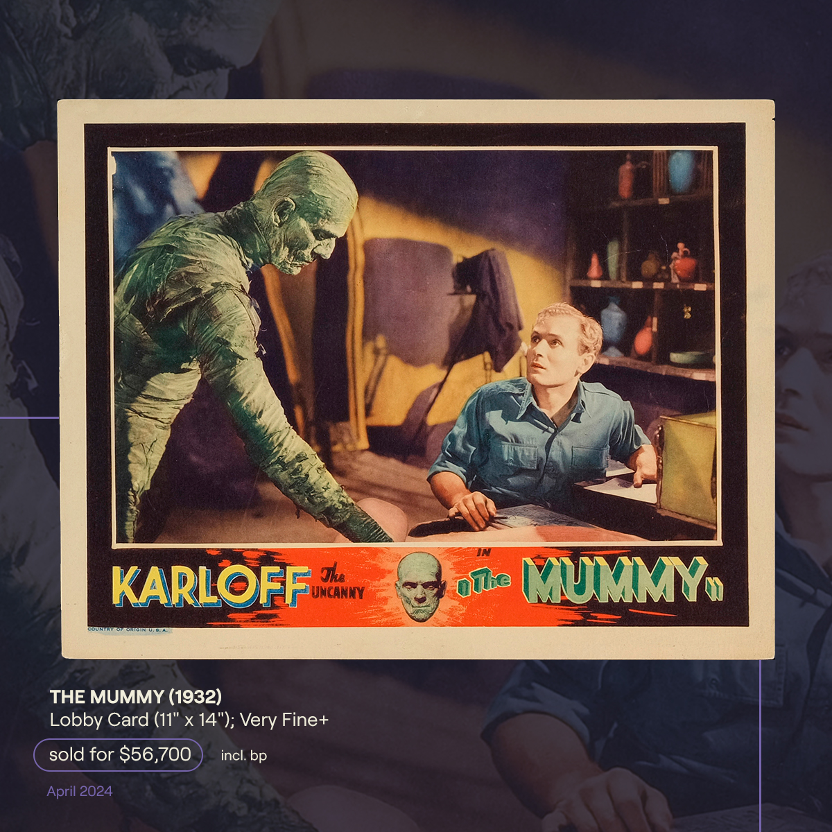With our LA #PropstorePosterAuction all wrapped up, let's take a look at this incredible highlight from the event! This original lobby card for The Mummy (1932) sold for $56,700 (incl. B.P.)—a true piece of treasure for any cinema archeologist!