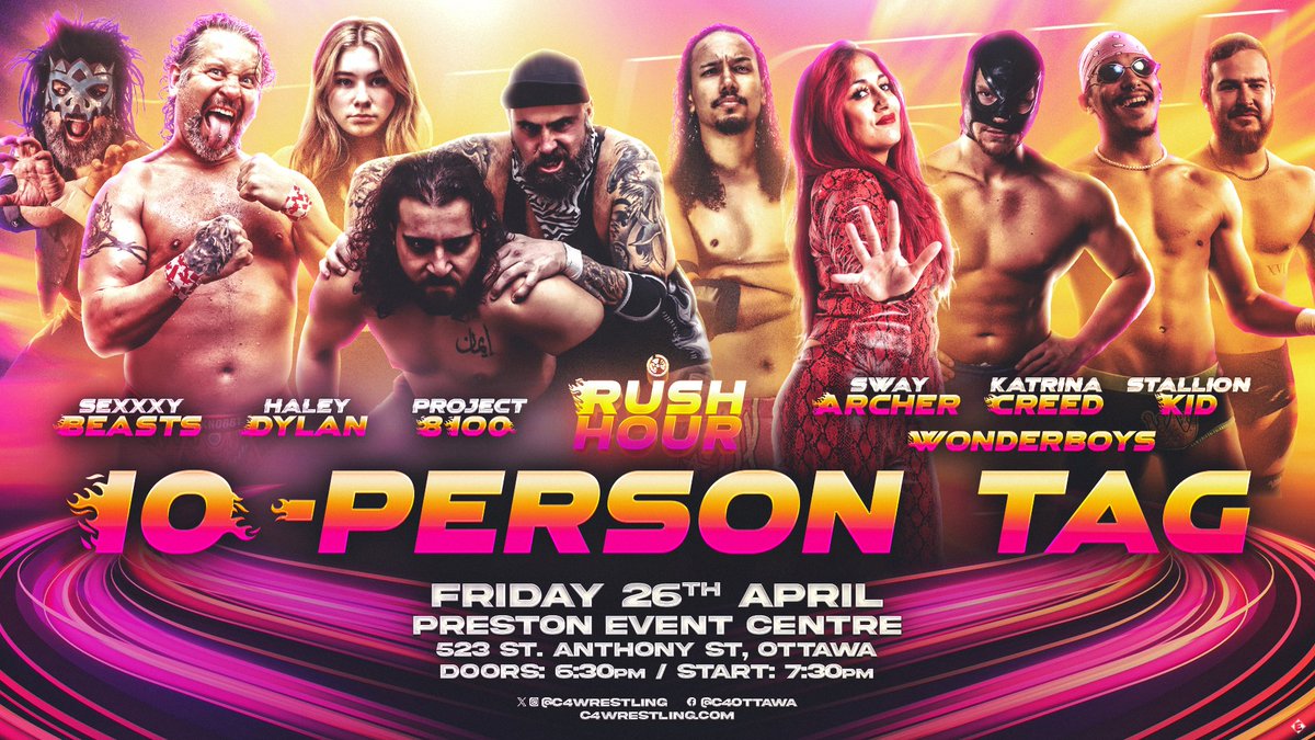 This Friday night! A massive ten person tag gas been signed for #C4RushHour! Several familiar faces, and several exciting debuts, combined to make one action packed match! Tickets are more than 50% sold. Grab yours now! tinyurl.com/C4RushHour @VertigoOttawa @OddsSodsShoppe