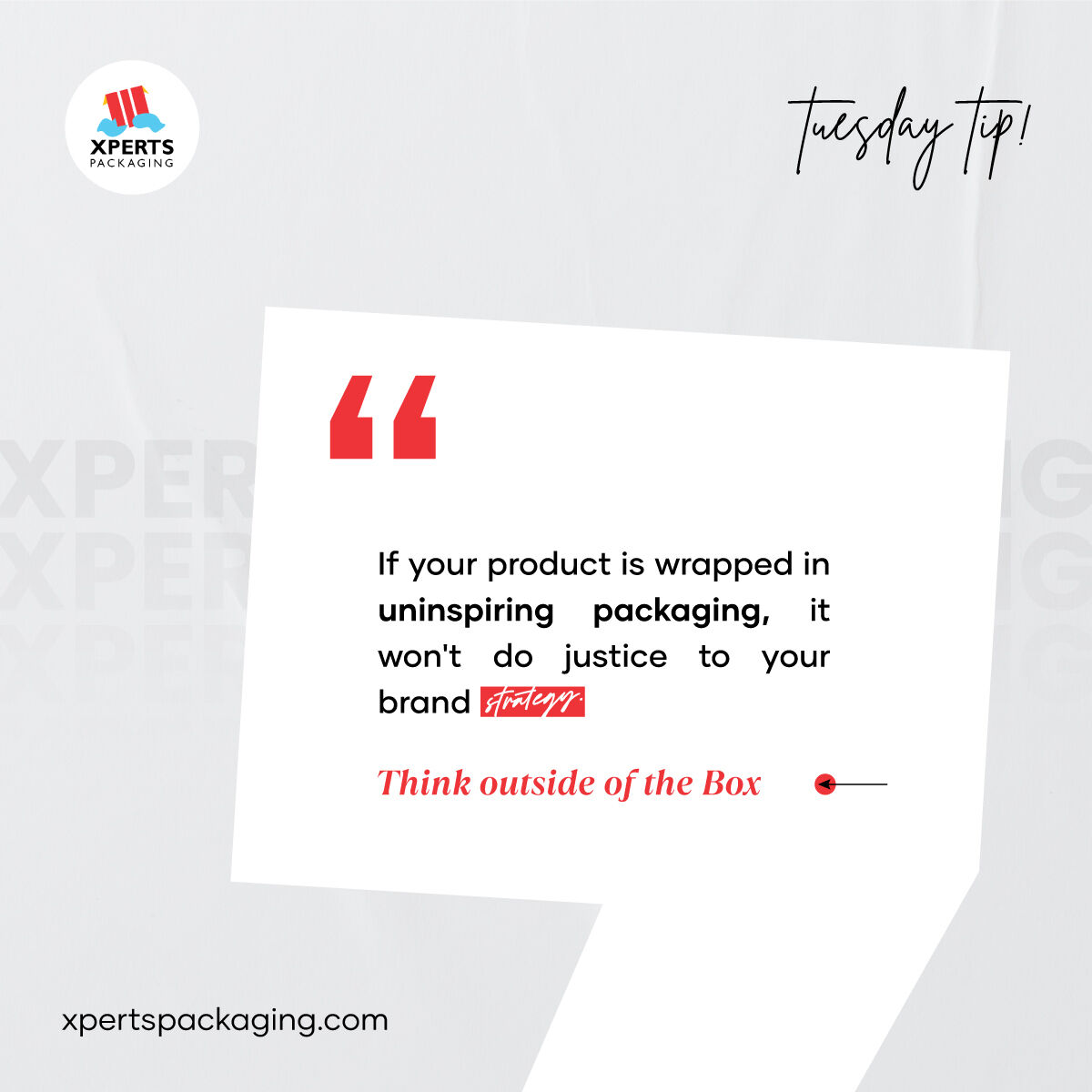 🌟 Tuesday Tip: Elevate your brand with innovative packaging! 📦

💼 Let's brainstorm fresh ideas to make your product stand out! 💡

.
#XpertsPackaging
#PackagingIdeas #BrandStrategy
#Innovation #CreativeDesign
#PackagingDesign #BrandIdentity
#CreativePackaging #ProductPackaging