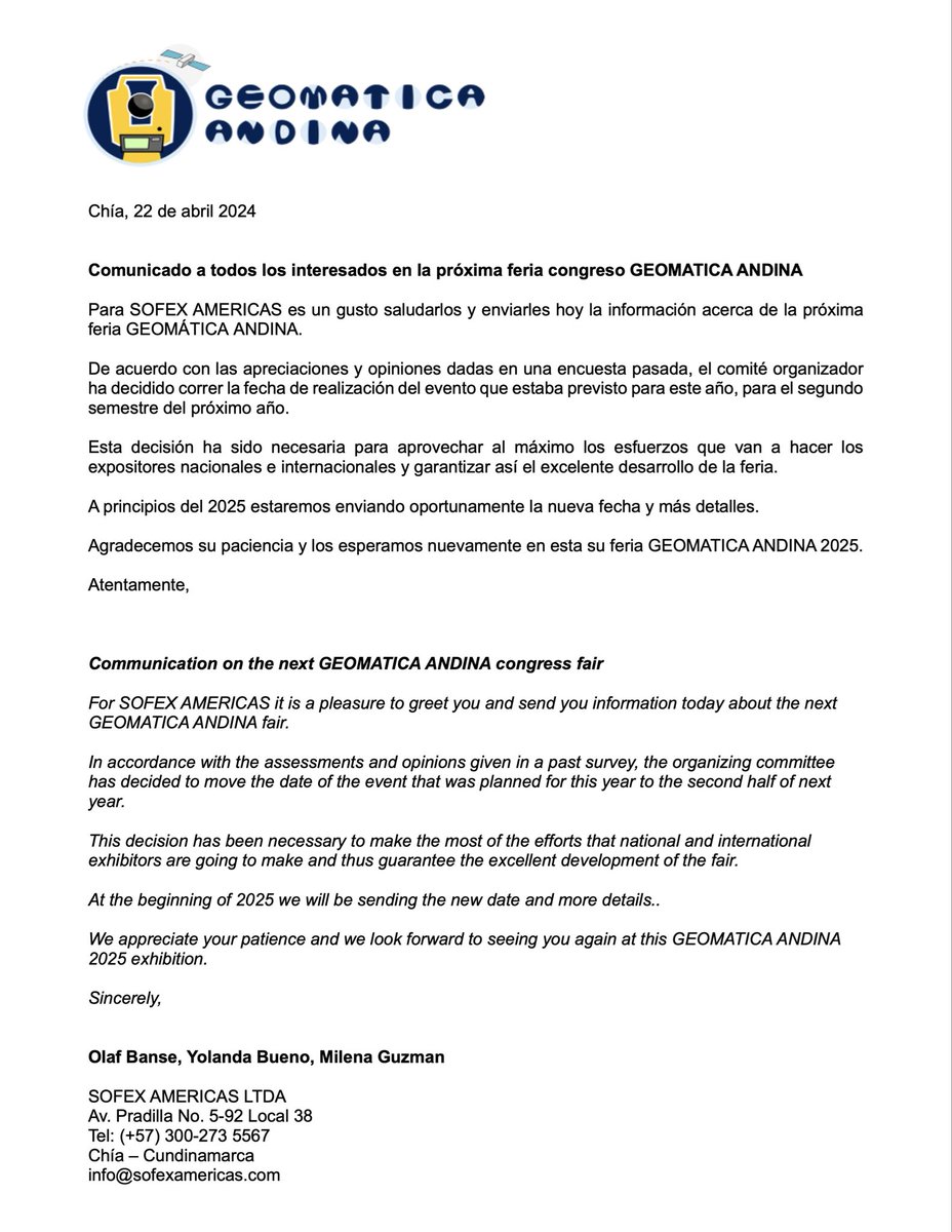 Comunicado acerca de la próxima feria GEOMÁTICA ANDINA