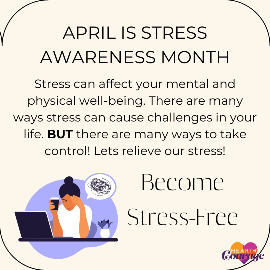 HeartOCourage's tweet photo. This month is Stress Awareness Month and it's time to recognize the effects of stress and what you can do to get rid of some stress to live a more relaxed life!  #StressAwarenessMonth #RelaxationTips #StressRelief #SelfCare #StressFreeLiving🤗 https://t.co/FFmKaL0J0e