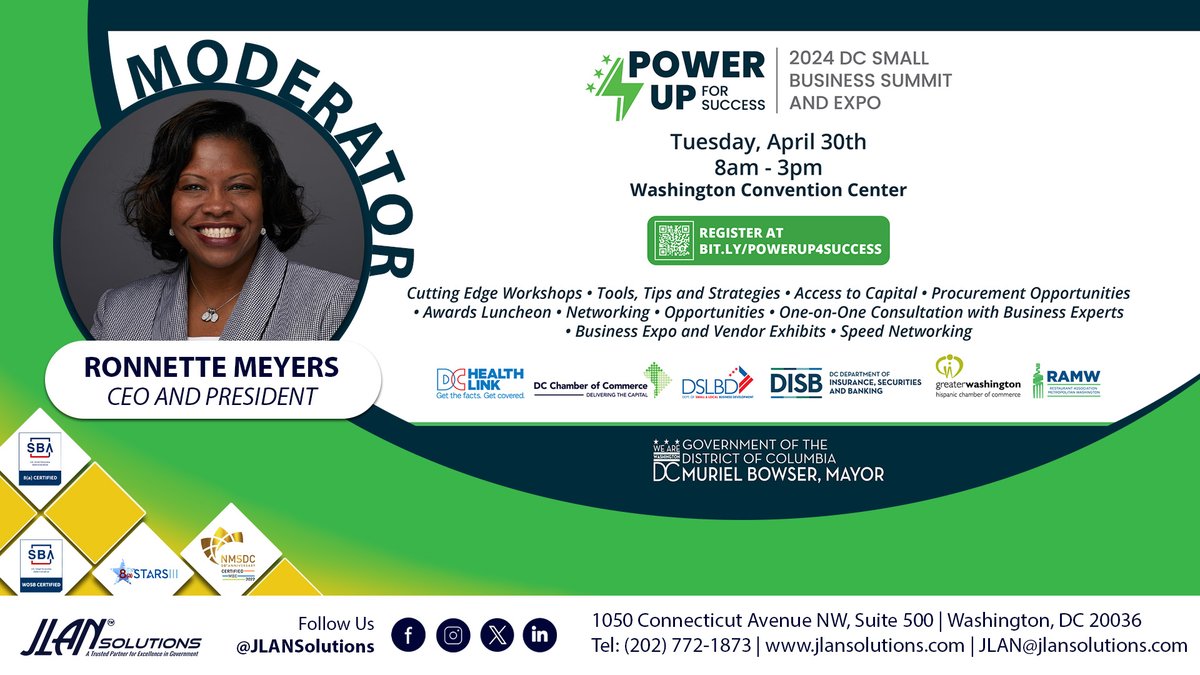 Join us at the DC #SmallBusiness Summit and Expo: POWERUP FOR SUCCESS on April 30. IT’S FREE –Tools, Tips & Access to Capital.
REGISTER NOW: bit.ly/POWERUP4SUCCESS
@DCHealthLink  @dcchamber  @DCDISB  @SmallBizDC  @SBAgov  @GWHCC  @RAMWdc
#JLANSolutions #NationalSmallBusinessWeek
