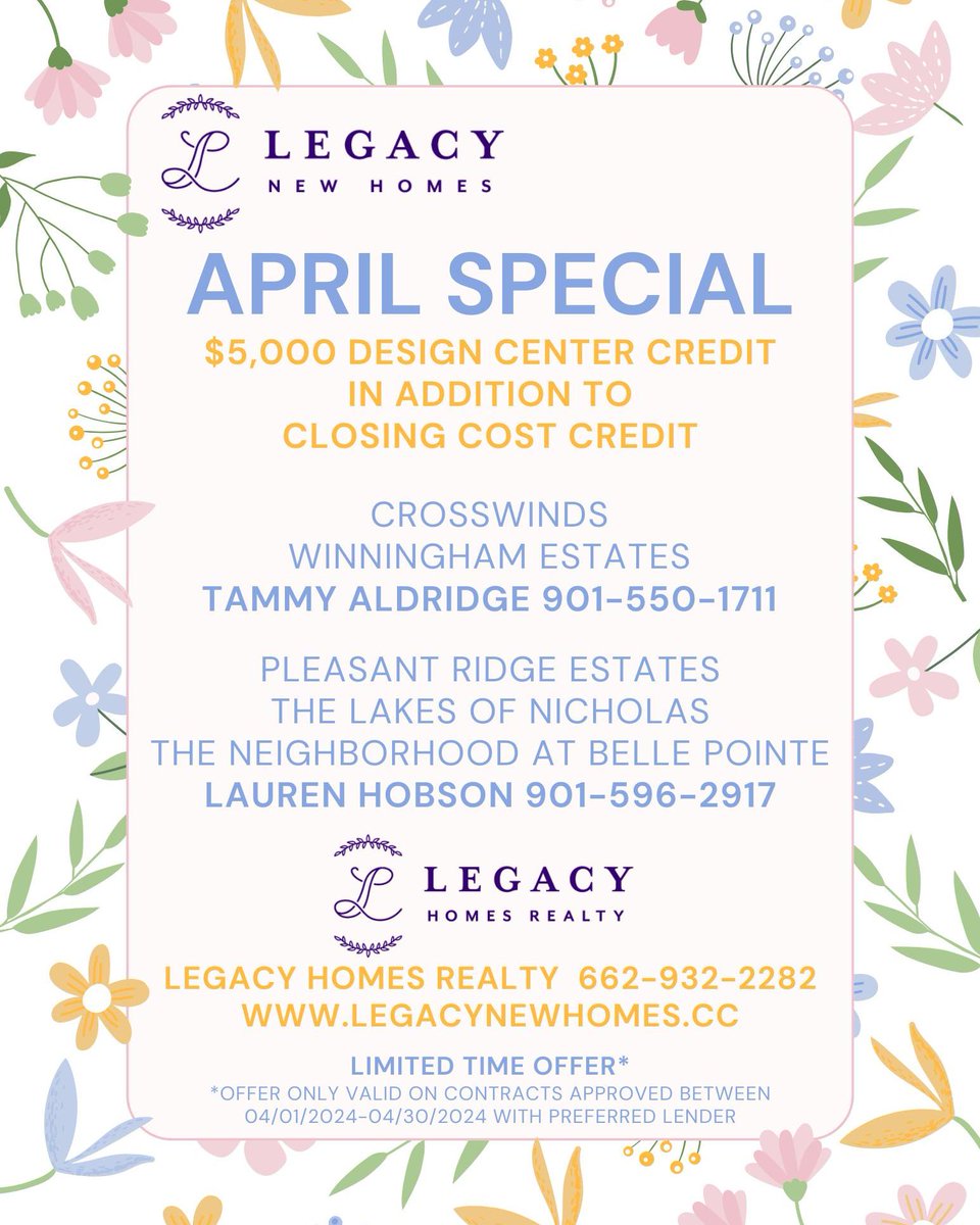 LegacyNewHomes0's tweet photo. April Special!! $5,000 Design Center Credit in addition to Closing Cost Credit! This can be used towards a Washer, Dryer, Refrigerator, Range, Blinds, etc.🌸
Contact Tammy Aldridge 901-550-1711 or Lauren Hobson 901-596-2917 with Legacy Homes Realty 662-932-2282 for information!🌼 https://t.co/Ftlbt64Nnx