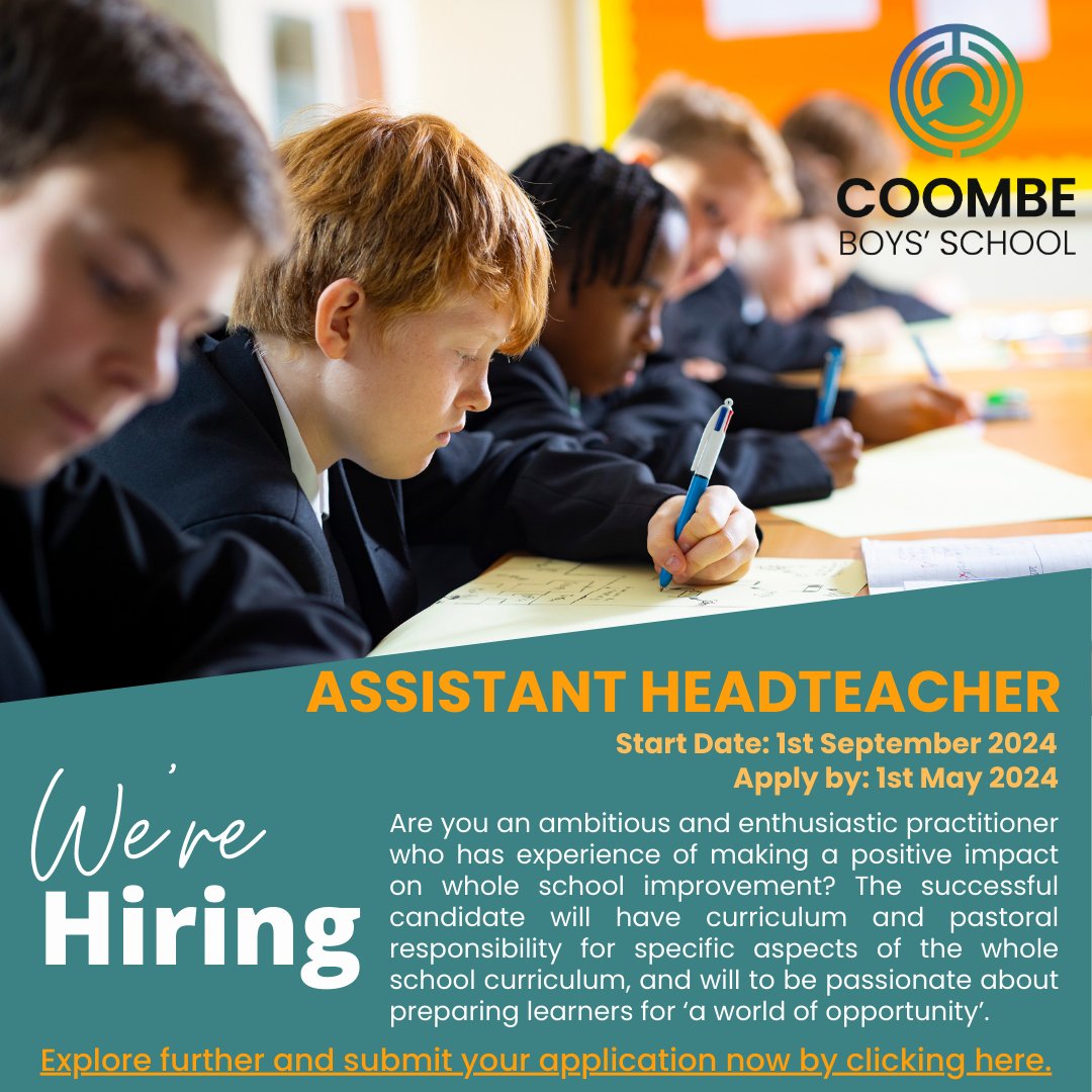 We're hiring!  Could you be our next Assistant Headteacher?  Explore this opportunity, meet with the Headteacher, and apply by 1st May  bit.ly/3W6LcU0.

#CBSWorldOfOpportunity #AssistantHead #hiringnow #CBSjobs