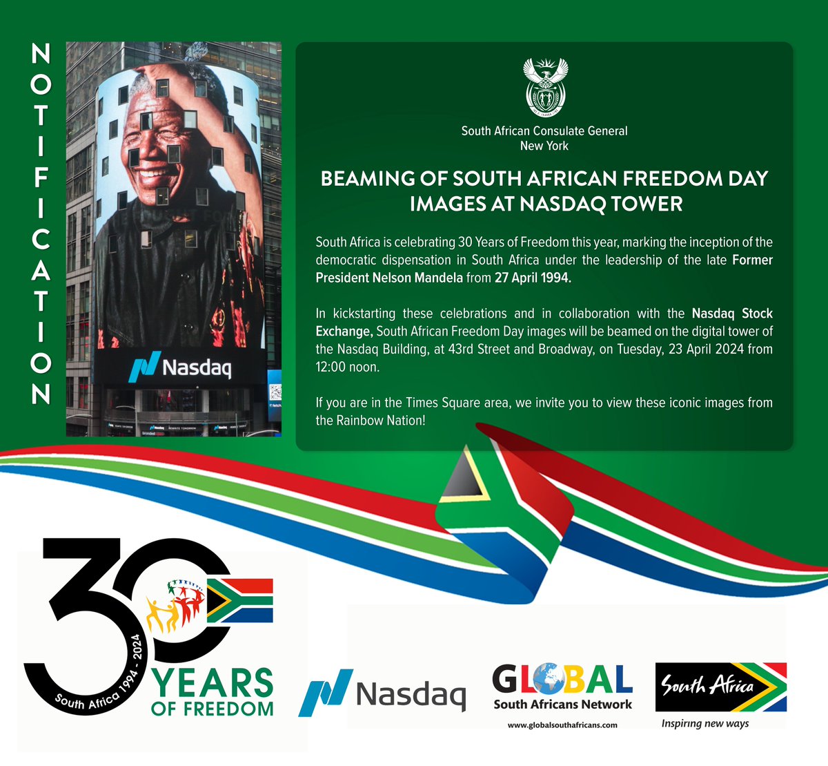 South African Freedom Day images will be beamed today  on the digital tower of the @Nasdaq Building at 43rd Street and Broadway on Tuesday 23 April 2024 from 12:00 noon. We invite you to view these iconic images from the Rainbow Nation! See you there! #SAinNY #30YearsOfFreedom