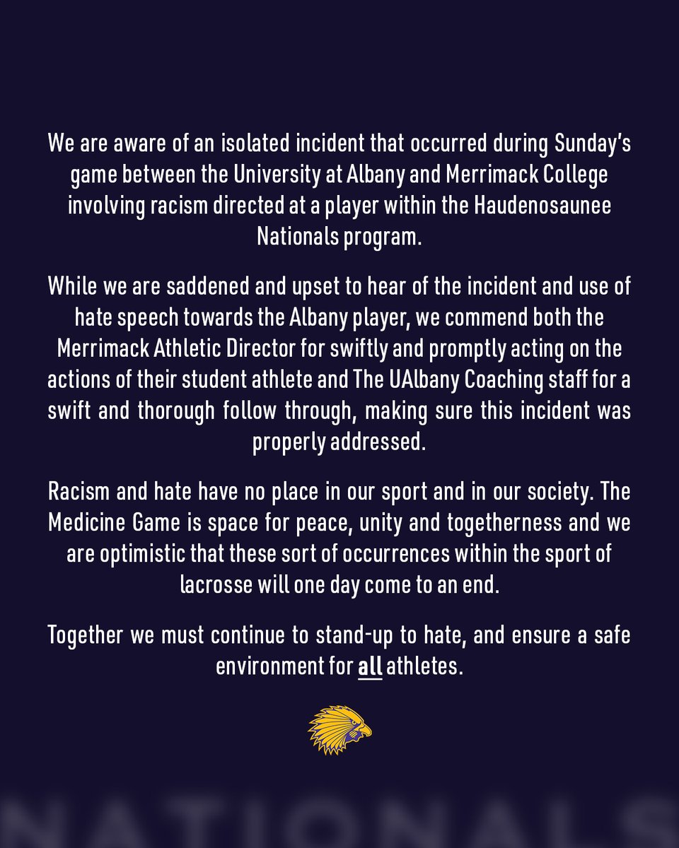 A statement from the HNL on an incident that occurred following Sunday's @NCAALAX game between Albany and Merrimack