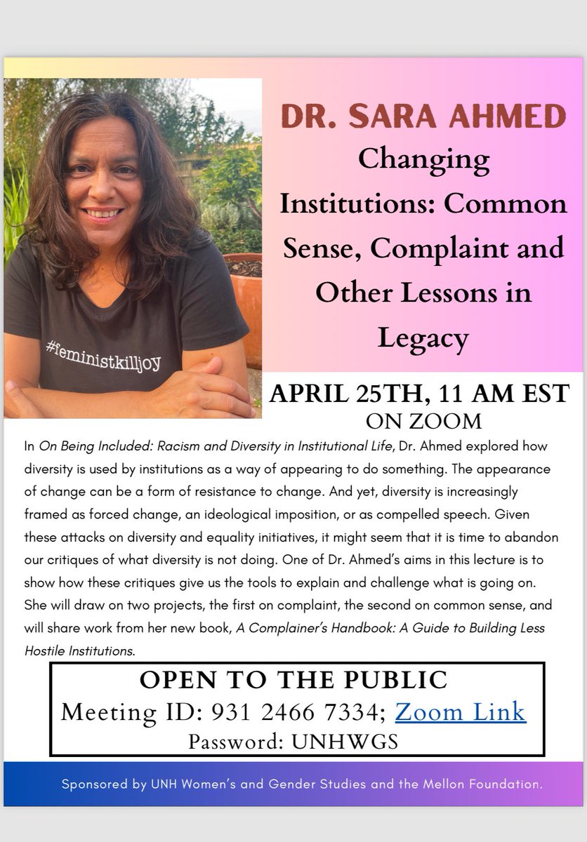 This Thursday, @SaraNAhmed joins us @UNHFeminists for a public virtual talk. No better time than now to change our workplace and world. All are welcome.