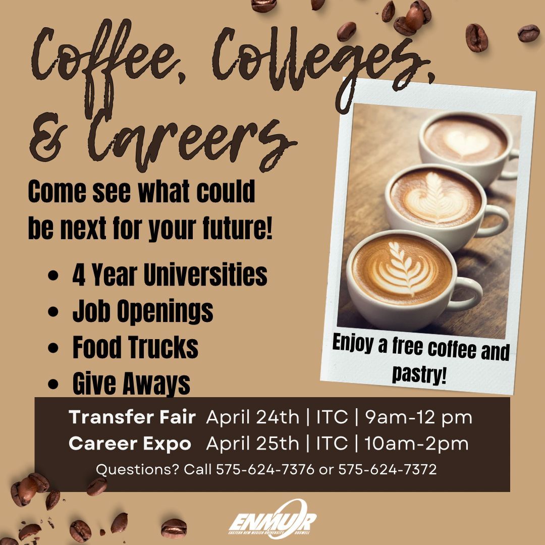 🎓 Attention Students! 🎓

Transfer Fair on April 24th from 9 am-12 pm! 📚✨

Career Expo on April 25th from 10 am to 2 pm. 

For more information visit our website at roswell.enmu.edu

#ENMURoswell #ENMUR #TransferFair #CareerExpo #FutureReady