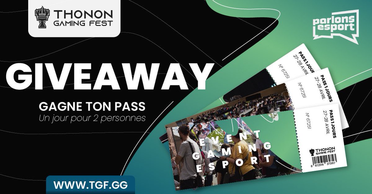 Parlons Esport (@parlonsesport) on Twitter photo 🎁 𝘾𝙊𝙉𝘾𝙊𝙐𝙍𝙎 🎁
Pour fêter notre participation au #TGF on te fait gagner 5 PASS (Une journée pour 2 personnes) ! 🎟️🎮
Pour participer :
➡️ RT+ Follow <a href="/ParlonsEsport/">Parlons Esport</a> & <a href="/ThononGameFest/">Thonon Gaming Fest</a>
TAG ton duo préféré pour qu’il ne loupe pas cette occasion 🫂
TAS le 26/04 🤞 🎁 𝘾𝙊𝙉𝘾𝙊𝙐𝙍𝙎 🎁
Pour fêter notre participation au #TGF on te fait gagner 5 PASS (Une journée pour 2 personnes) ! 🎟️🎮
Pour participer :
➡️ RT+ Follow <a href="/ParlonsEsport/">Parlons Esport</a> & <a href="/ThononGameFest/">Thonon Gaming Fest</a>
TAG ton duo préféré pour qu’il ne loupe pas cette occasion 🫂
TAS le 26/04 🤞