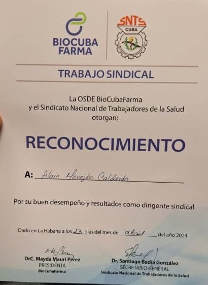 BIOCENCU's tweet photo. En la Plenaria de @BioCubaFarma por el Día de los Trabajadores entregan RECONOCIMIENTO por el trabajo sindical realizado, a Alain Morejón, Secretario del Buró Sindical de #BioCenNuestro. #ComprometidosConElFuturo https://t.co/tLPTtvCDCi