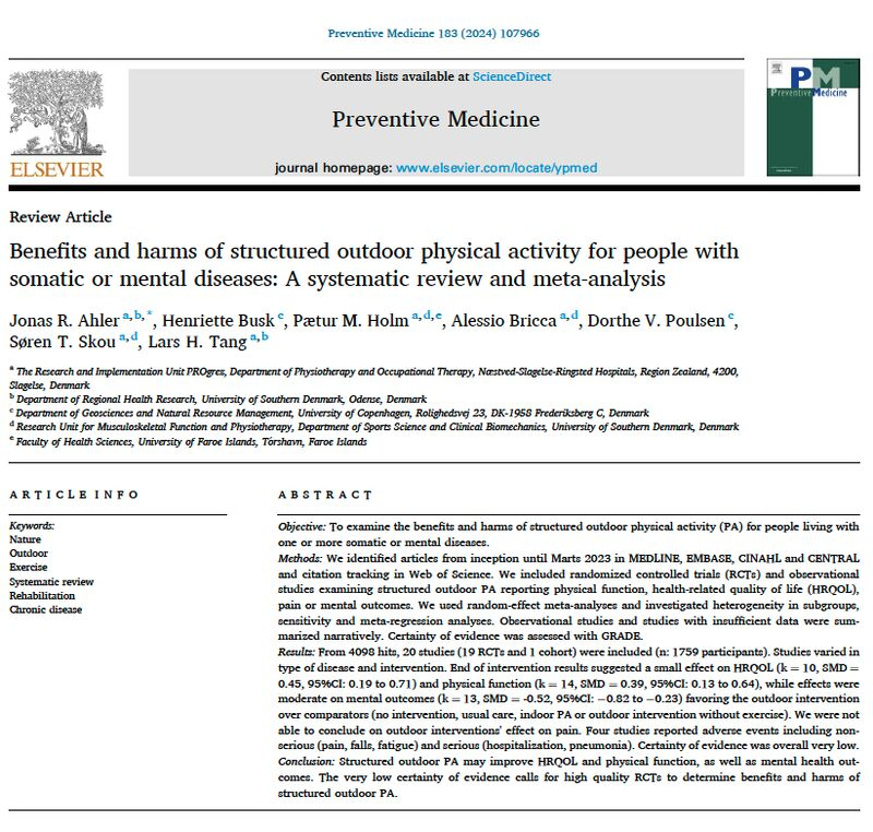 Benefits and harms of structured outdoor physical activity for people with somatic or mental diseases: A systematic review and meta-analysis.