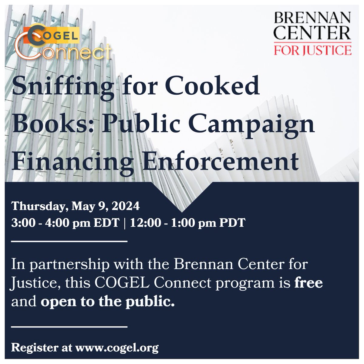 Free & Open to All! Explore the complexities of public campaign financing with us and the Brennan Center. From audits to eligibility, get insights directly from the experts! Share with colleagues and join the conversation.