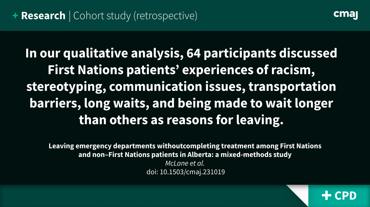 Emergency department visits by First Nations patients were more likely to end with them leaving without being seen or against medical advice than those by non–First Nations patients, disproportionately disrupting and delaying care. ➡️ cmaj.ca/lookup/doi/10.…