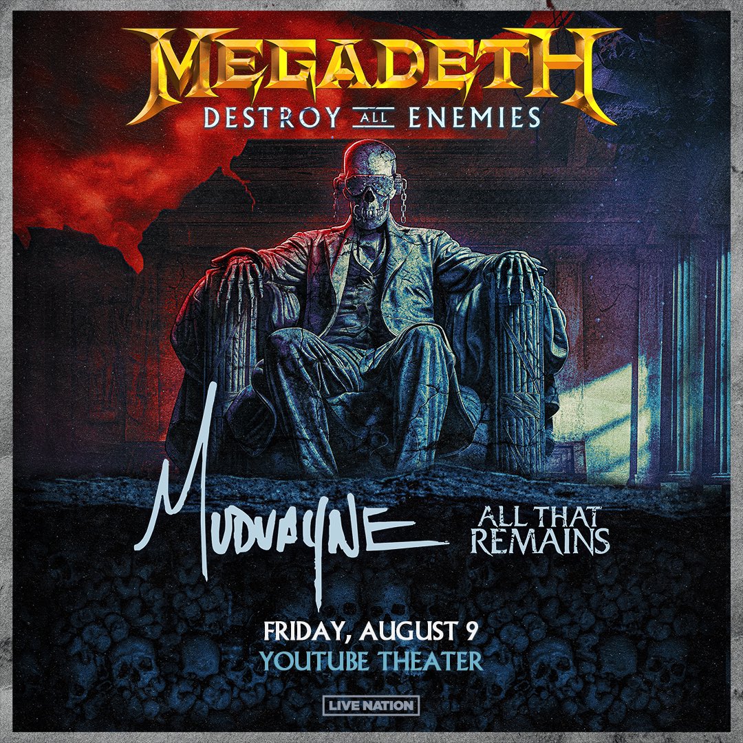 JUST ANNOUNCED: @Megadeth's 'Destroy All Enemies Tour' with #Mudvayne & @ATRhq comes to #YouTubeTheater on August 9 ☠️ Sign up here to become a YouTube Theater Insider and get venue presale access: youtubetheater.com/contact-us/sig…