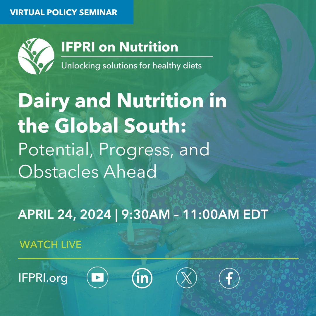 📢TMRW @ 9:30 AM ET 📌 #Dairy and #Nutrition in the Global South: Potential, Progress, and Obstacles Ahead 💬 @NamukoloC @Jo_Swinnen @ShahMeenesh 🎟️ Register here: bit.ly/dairy- @CGIAR @ans_web @ILRI @Heifer @gatesfoundation @NDDB_Coop #IFPRIPolicySeminar