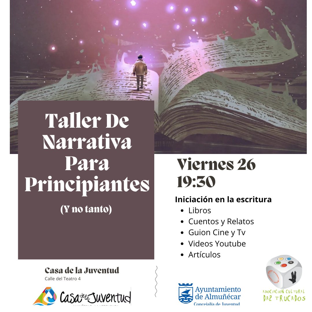 Os invitamos al Taller de Narrativa para Principiantes (y no tanto), Viernes 26. 19:30 en la Casa Juventud Almuñécar.
No importa tu nivel de experiencia, todos son bienvenidos a sumarse a esta aventura literaria. ¡Inscríbete y comienza a escribir las historias! <a href="/AlmunecarAyto/">Almuñécar-Herradura</a>