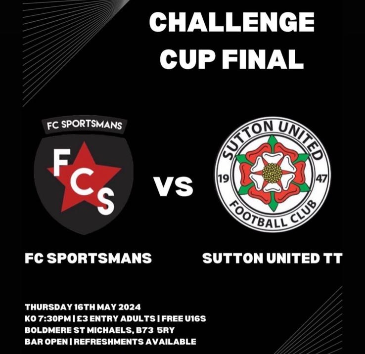 SUFCSunday's tweet photo. Challenge Cup Final:
SUTTFC v FC Sportsmans
Contact @dannyspink12 for tickets!
#UpTheSUTTFC https://t.co/O21uOGsxFn
