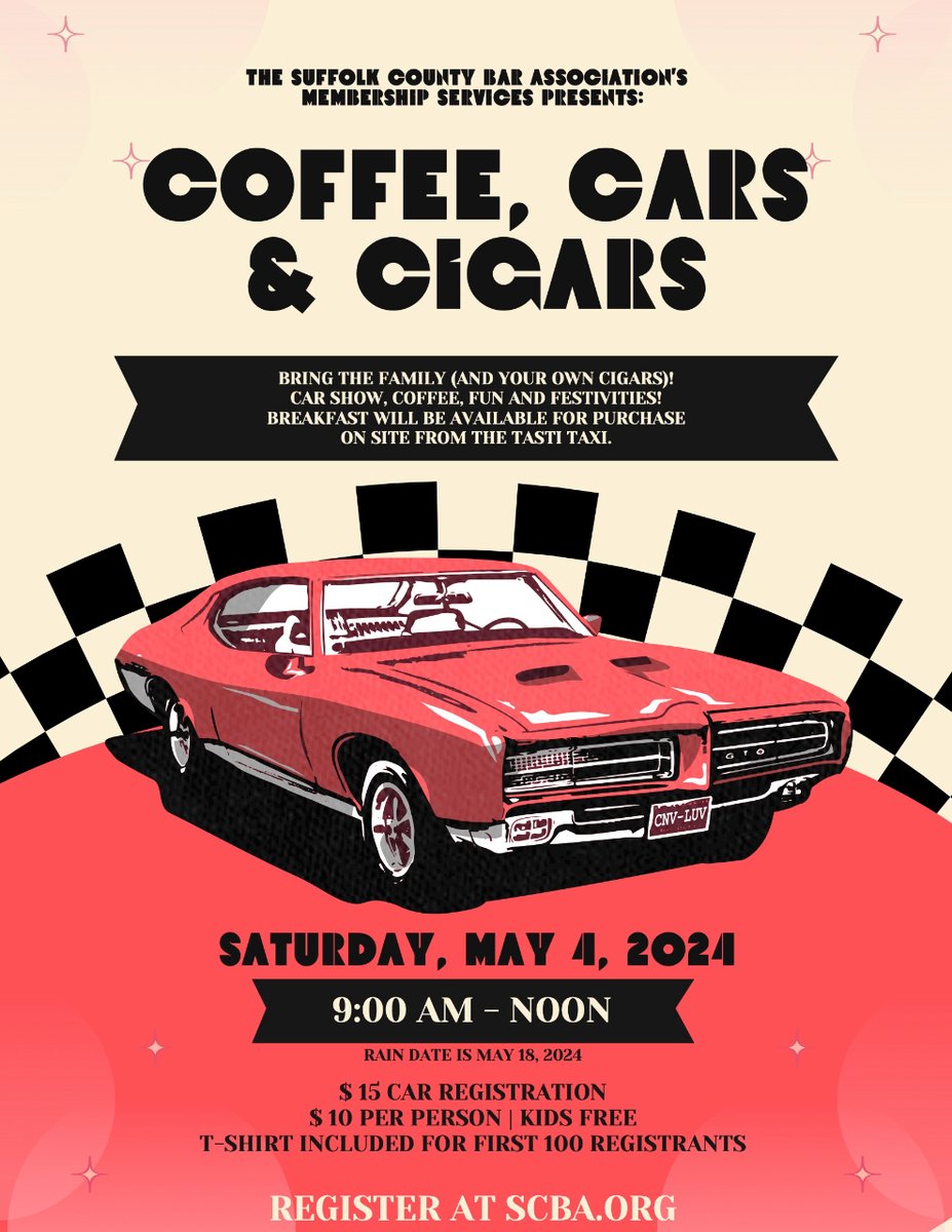 Don’t miss this fun event! First 100 Registrations is Receive a T-Shirt. Breakfast available for purchase on site from the Tasti Taxi. Bring the family (and bring your own cigars!) Register now: scba.org/?pg=events&evA… #longisland