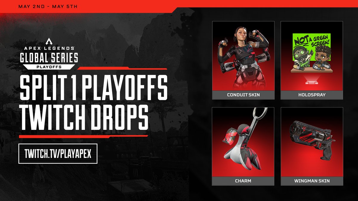 PlayApexEsports's tweet photo. From May 2-5, four exclusive Twitch Drops await you.

For those joining us in person, don’t worry about being in chat, we got your back! 👀

Details here: https://t.co/Gmb4yYjdno https://t.co/CJAzHGAf73