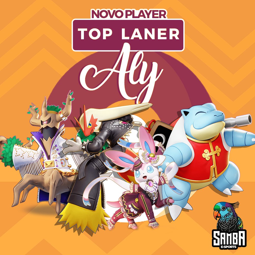 sambaesports's tweet photo. Apresentando o cara que vai dançar aquele samba de respeito na nossa Top Lane: @AlyUnite !

O Aly passa a integrar o elenco da Samba desta vez como player e temos certeza que essa mudança será muito bem-vinda! #BoraSambar #PokemonUNITE https://t.co/KocjbI108v