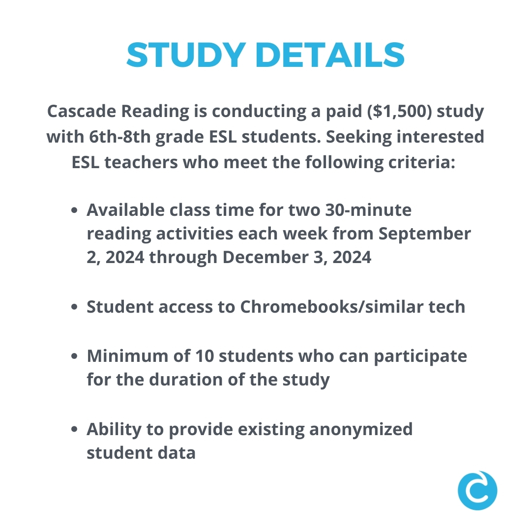 Are you a middle school #ESL teacher? If so, we would love your help! We are planning a paid research study for the fall semester and are looking for 6th-8th grade ESL students to test our new text format.

#ESLTeacher #ReadingTeacher #ResearchStudy #PaidOpportunity @jkdempc