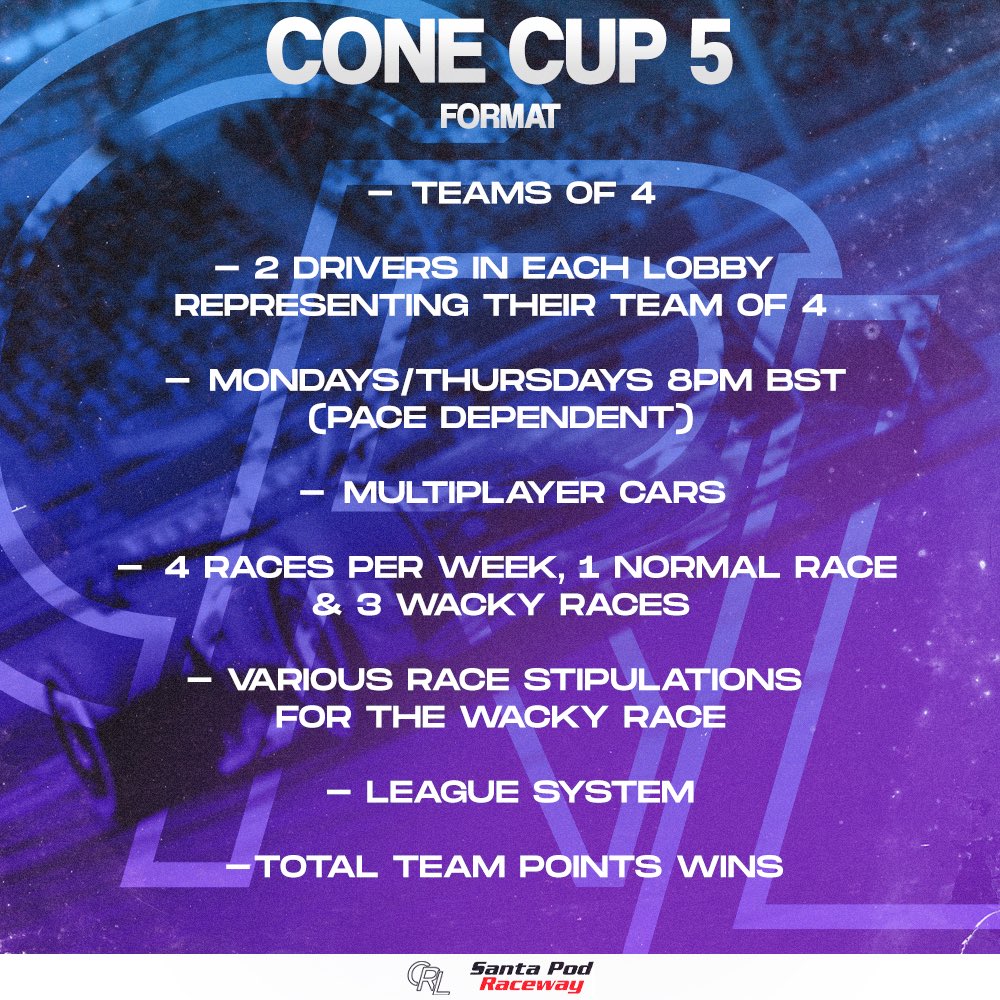 After 2 years, the Cone Cup finally makes its return! Starting next week, drivers will team up and compete in various unpredictable and chaotic races in an attempt to become Cone Cup champions!