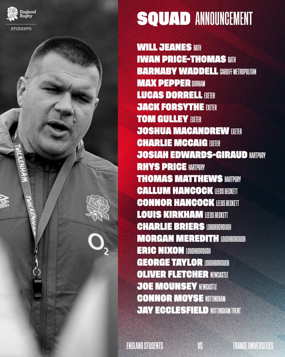 England Students Head Coach Darren Fearn has selected his 23-player squad to head into camp <a href="/RAF_Cosford/">RAF Cosford</a> ahead of the clash against France Universities on Saturday 4 May <a href="/CoventryRugby/">Coventry Rugby</a>.

Huge congrats to all the students selected! 👏

Tickets &amp; more info➡️ englandrugby-unis.com/post/england-s…